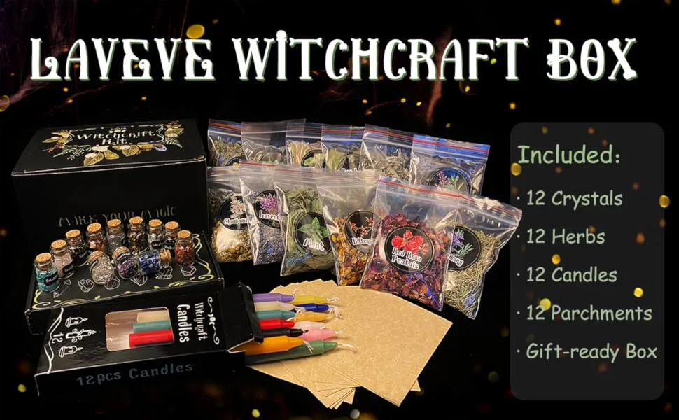 Witchcraft Supplies Kit for Spells, 48 PCS Witch Box Include Dried Herbs, Crystal Jars, Colored Candles, Parchment. Wiccan Supplies and Tools, Beginner Witchcraft Kit Witch Stuff for Pagan, Rituals - all in one witch box