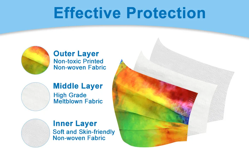 Disposable Face Masks With Designs, Individually Wrapped Masks, Breathable Face Masks (Tie Die) Tie Dye - 3ply