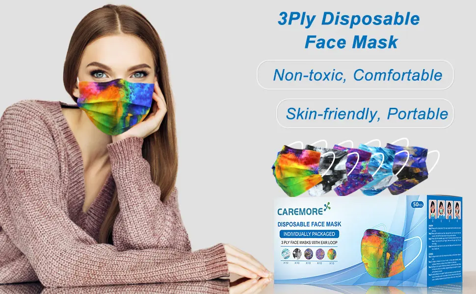 Disposable Face Masks With Designs, Individually Wrapped Masks, Breathable Face Masks (Tie Die) Tie Dye - product information 2