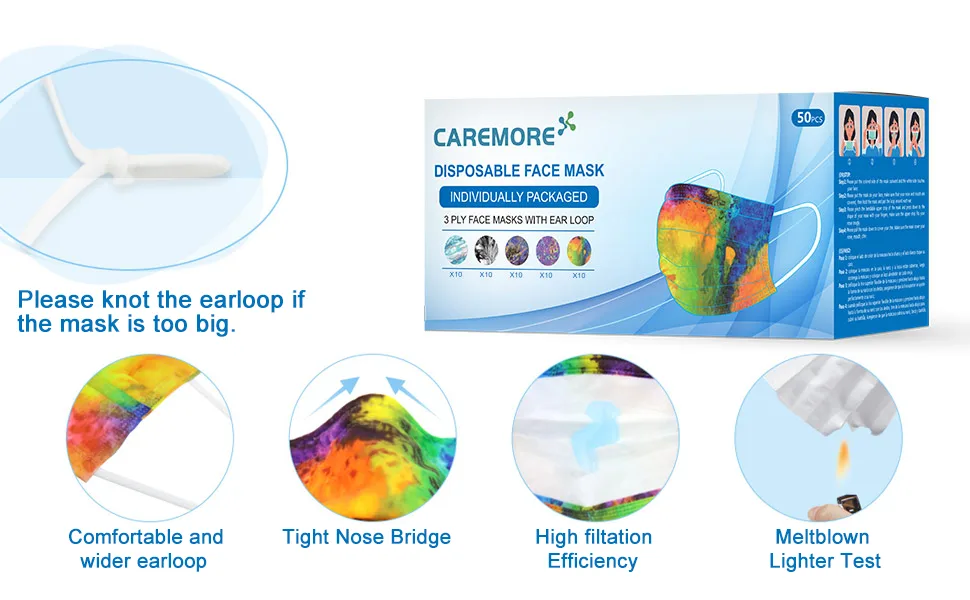 Disposable Face Masks With Designs, Individually Wrapped Masks, Breathable Face Masks (Tie Die) Tie Dye - product information 4