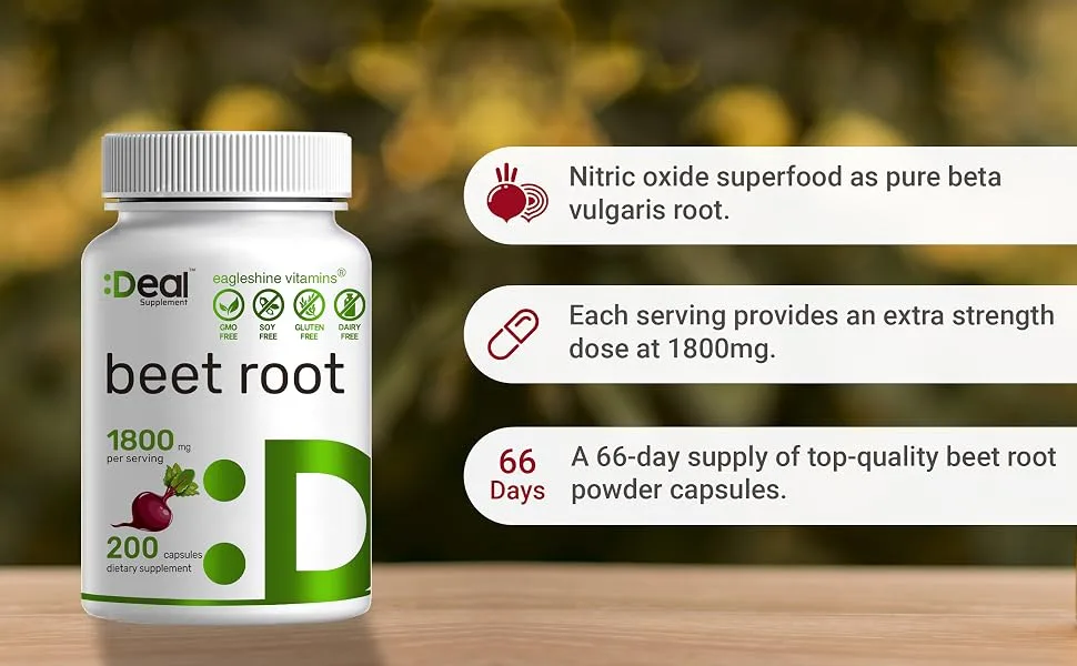 Beet Root Capsules - 1800mg Per Serving, 200 Counts, Made with Pure Beet Root Powder, Nitric Oxide Booster, Support Blood Pressure and Promote Energy - beet capsules
