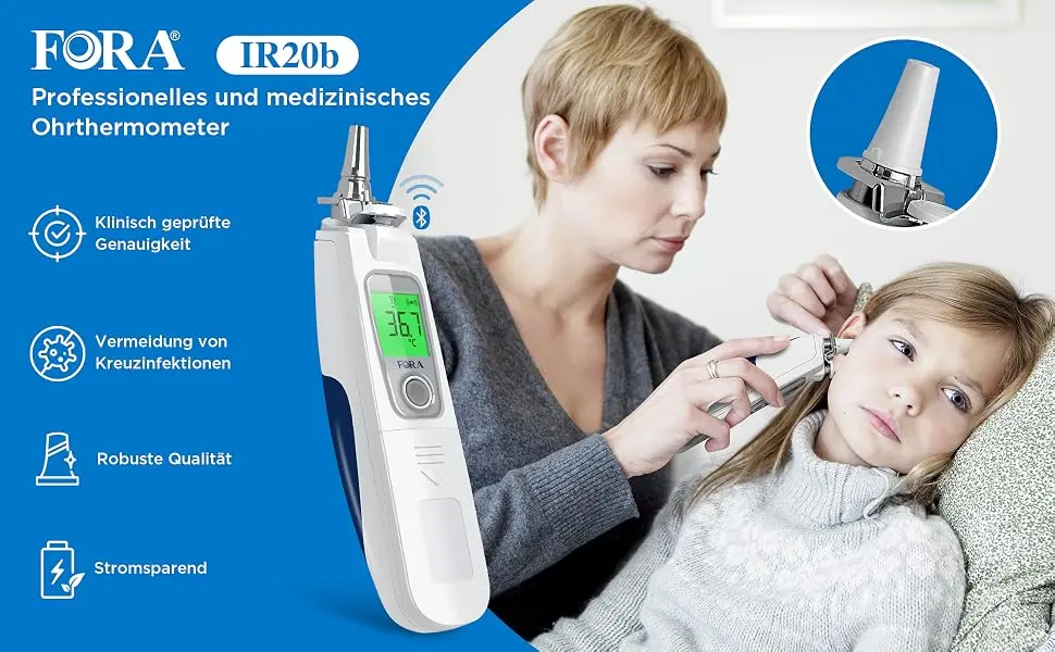 Fora IR20B infrared earmometer in medical quality (with Bluetooth) with 16 one-off protective caps small iron-headed durable easy to clean.IR20B Bluetooth - FORA IR20 Orthermometer