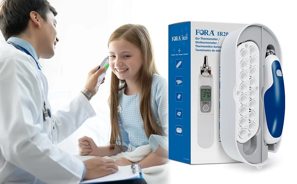 Fora IR20B infrared earmometer in medical quality (with Bluetooth) with 16 one-off protective caps small iron-headed durable easy to clean.IR20B Bluetooth - FORA IR20 Orthermometer