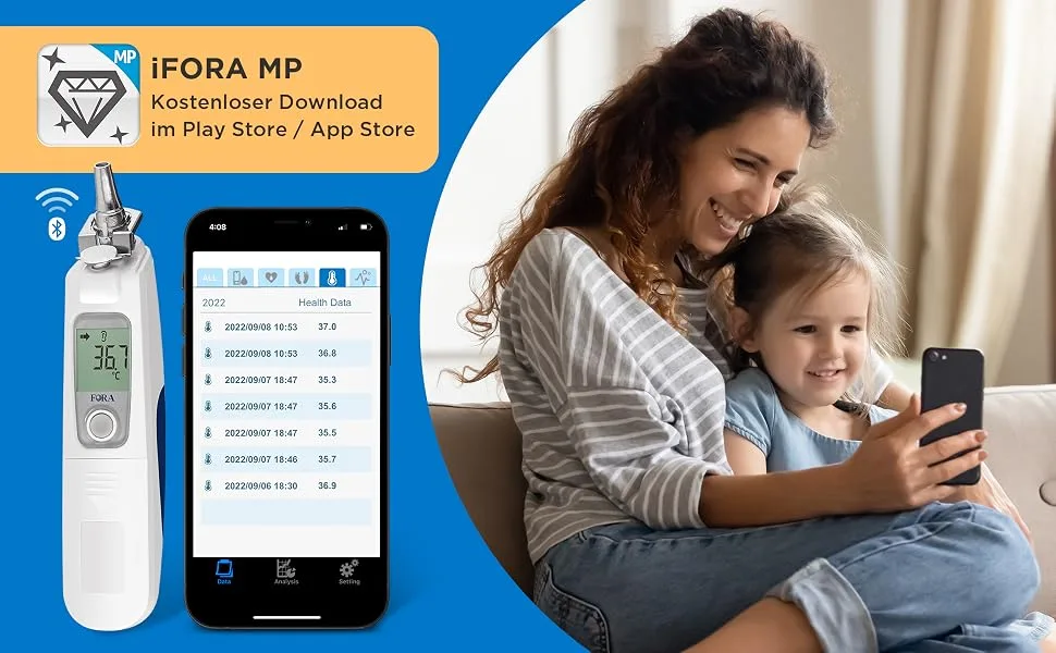 Fora IR20B infrared earmometer in medical quality (with Bluetooth) with 16 one-off protective caps small iron-headed durable easy to clean.IR20B Bluetooth - Orthermometer IR20