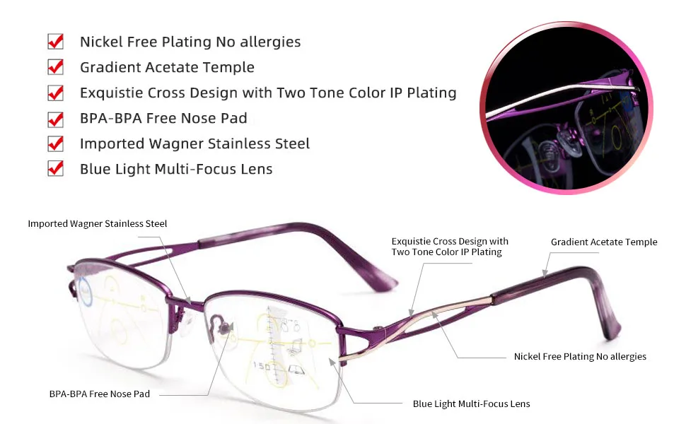 LianSan Womens Progressive Multifocus Computer Reading Glasses Blue Light Blocking Readers for Women Purple Pink (Blue, 250) Blue 250.0 x - product information 4