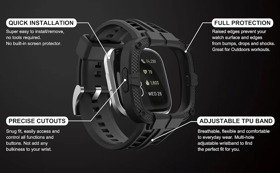GELISHI Compatible for Fitbit Versa 2 Bands with Case, Protective Case Band Rugged Sport Wristbands Strap for Men Women - Black - fitbit versa 2 bands rugged for men