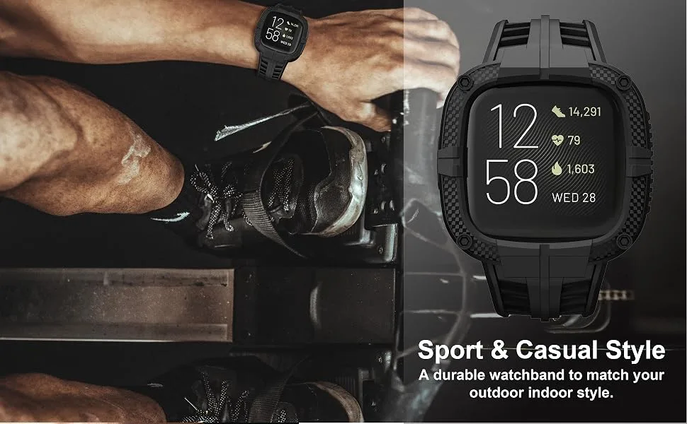 GELISHI Compatible for Fitbit Versa 2 Bands with Case, Protective Case Band Rugged Sport Wristbands Strap for Men Women - Black - fitbit versa 2 bands with cover workouts
