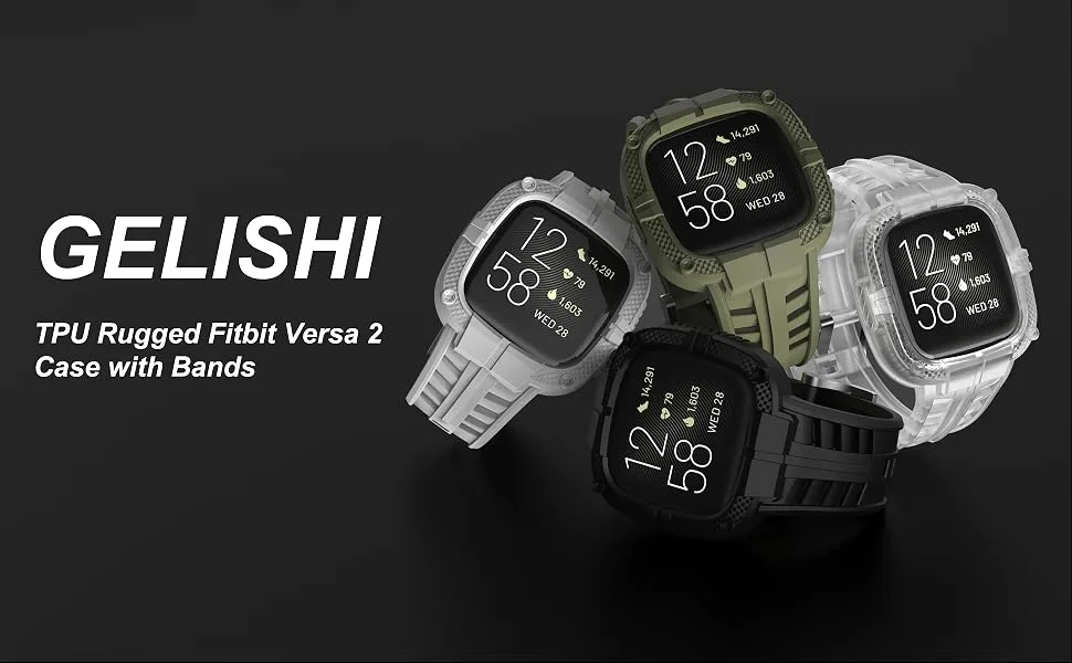 GELISHI Compatible for Fitbit Versa 2 Bands with Case, Protective Case Band Rugged Sport Wristbands Strap for Men Women - Black - gelishi fitbit bands versa 2 for men black