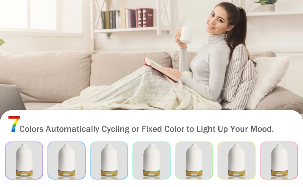 Ultrasonic Essential Oil Diffuser, Cool Mist Aromatherapy Diffuser, 100ml Diffuser with Waterless Automatic Shut-Off Protection&7 Color LED Light Cycle Changing for Home Yoga SPA (Ceramics) - 7 COLOR