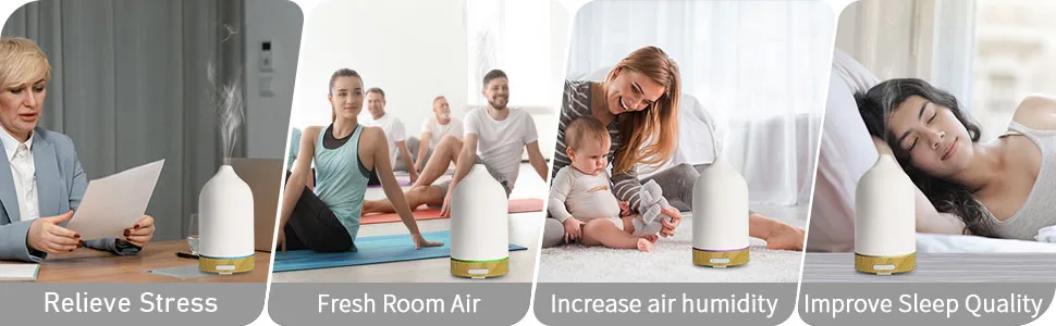 Ultrasonic Essential Oil Diffuser, Cool Mist Aromatherapy Diffuser, 100ml Diffuser with Waterless Automatic Shut-Off Protection&7 Color LED Light Cycle Changing for Home Yoga SPA (Ceramics) - RELIEVE STRESS