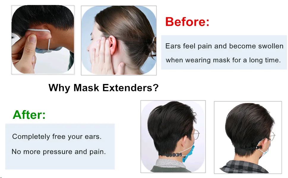 Mask Extender Strap Adjustable Mask Holder Clip Ear Savers for Masks, Masks Extension Hook for Extending Masks Buckle Band 6PC 3 Color - Before an after