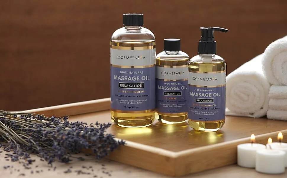 Cellulite, Sore Muscle & Lavender Relaxation Massage Oils with Roller Massage Ball and Massager Mitt- Perfect Spa Treatment Gift Set - Lavender massage oil