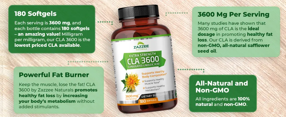 Zazzee Extra Strength CLA 3600 mg Conjugated Linoleic Acid - 180 Softgels - cla conjugated linoleic acid muscle tone healthy lipid levels 2000 3000 3600 4500 1000 zazzee 3600