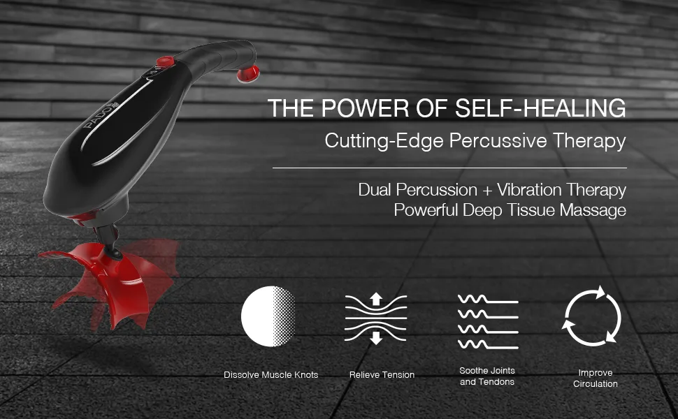PUREWAVE™ CM-07 Black/Red Patented Dual Motor Percussion & Vibration Massager 8 Attachments - PADO CM-07 01
