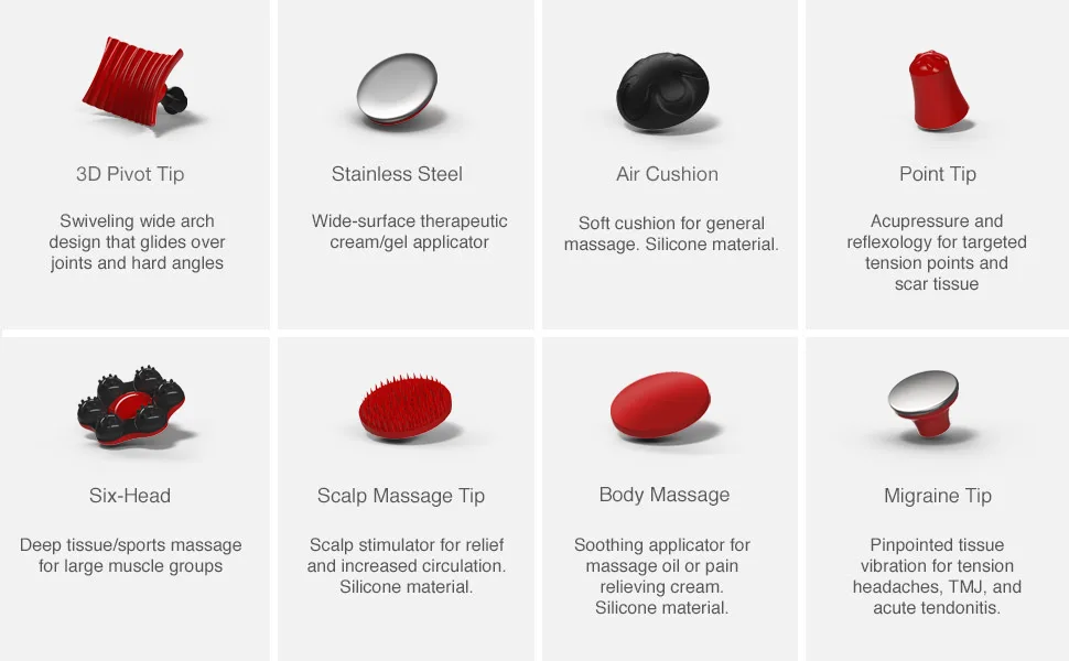 PUREWAVE™ CM-07 Black/Red Patented Dual Motor Percussion & Vibration Massager 8 Attachments - PADO CM-07 02