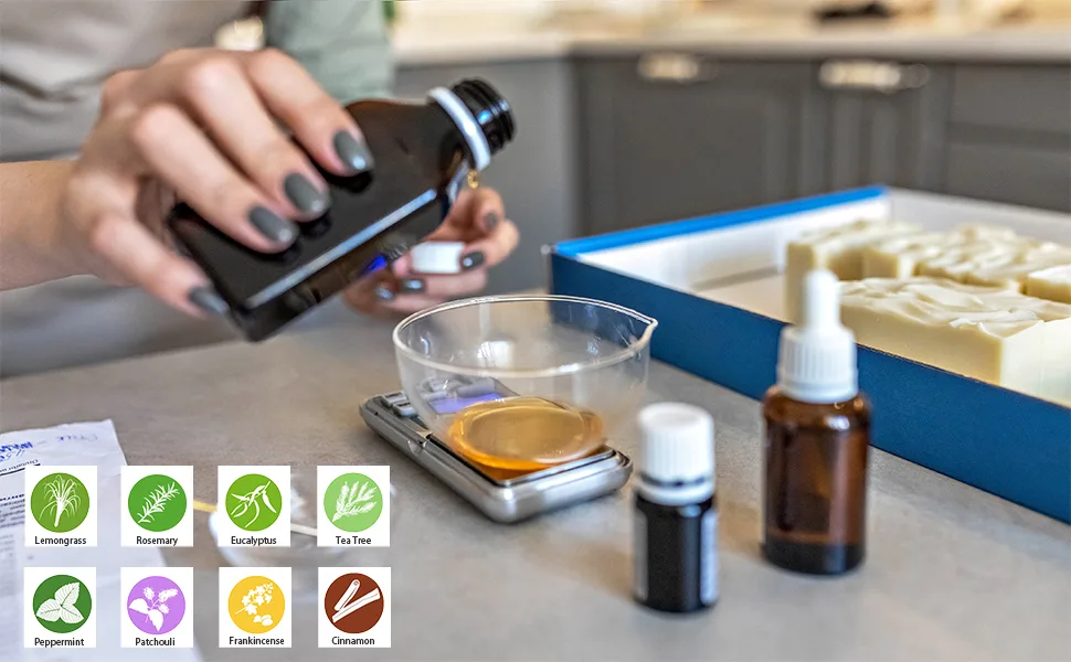 Essential Oil Set by HERBROMAS - Top 16 Natural Aromatherapy Essential Oils for Candle Making, DIY Soap Making, Diffusers, Humidifiers - essential oils for DIY candle making, minty scents, spicy scent, woody scent, grassy scent