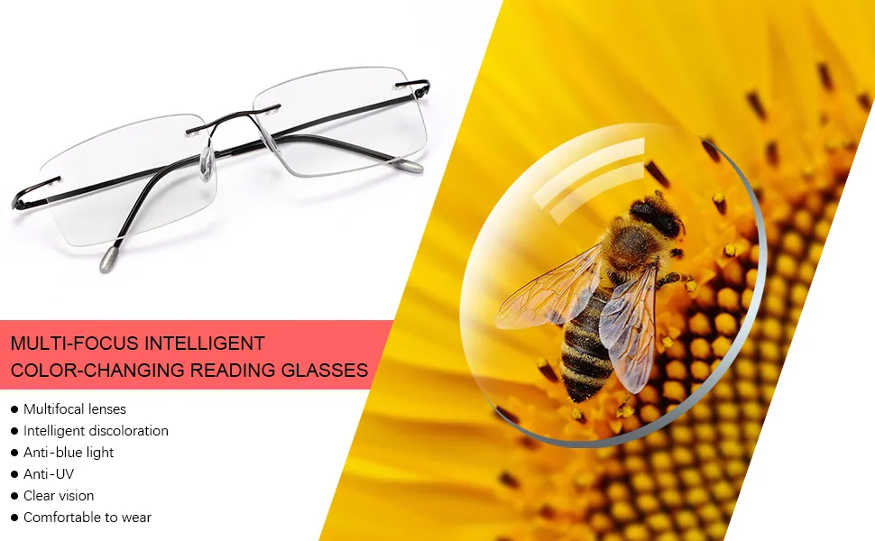 Photochromic Progressive Multifocal Computer Reading Glasses Anti UV Sun Readers 2.0 X - HD Vision
