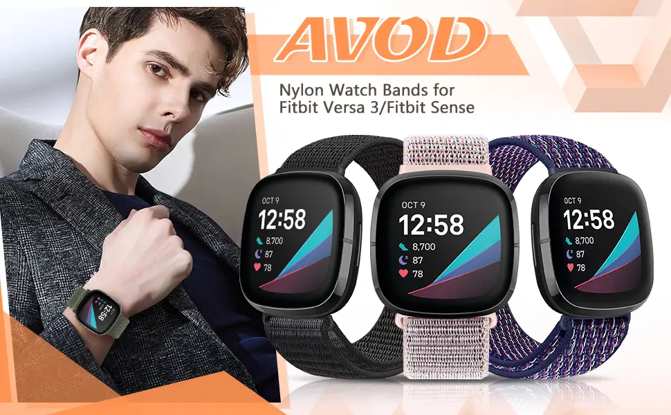 AVOD Nylon Sport Loop Bands Compatible with Fitbit Versa 3/Fitbit Sense, Soft Breathable Replacement Strap Women Man Wristband Dark Black - AVOD nylon watch bands for fitbit versa 3/fitbit sense