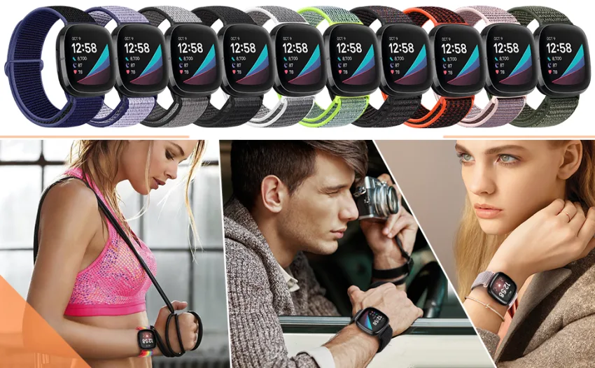 AVOD Nylon Sport Loop Bands Compatible with Fitbit Versa 3/Fitbit Sense, Soft Breathable Replacement Strap Women Man Wristband Dark Black - Multiple Colors for Choices