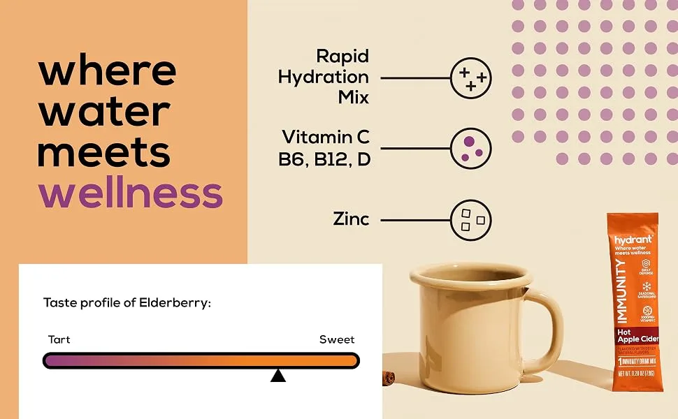 Hydrant Immunity Vitamins Electrolyte Powder - Supplement with Vitamin C, B12, B6, Zinc - Immune, Hydration, & Energy Support – Hydration Powder Stick Packets (Elderberry, 30 Count) Elderberry 30 Count (Pack of 1) - hydration packets minerals for water sugar free electrolytes electrolyte supplement