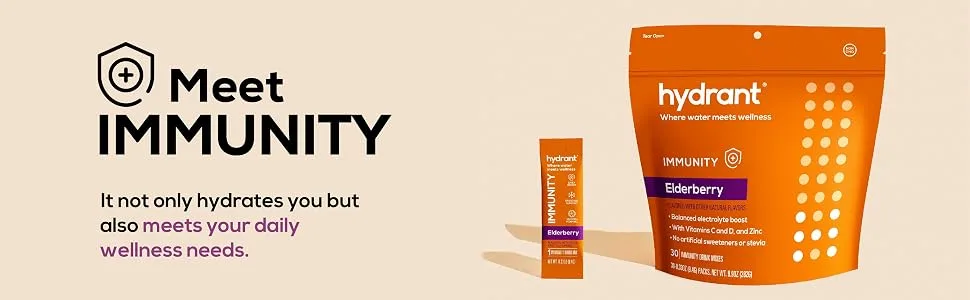 Hydrant Immunity Vitamins Electrolyte Powder - Supplement with Vitamin C, B12, B6, Zinc - Immune, Hydration, & Energy Support – Hydration Powder Stick Packets (Elderberry, 30 Count) Elderberry 30 Count (Pack of 1) - super thrive mix multi minerals supplement rehydrate electrolyte drink mix vitamin c drink