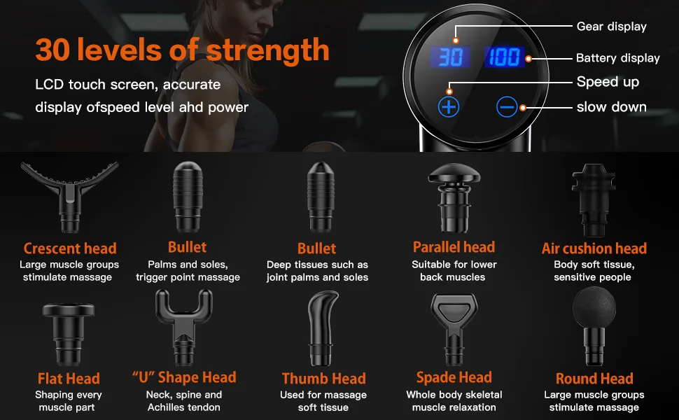 Massage Gun Deep Tissue, 10 Heads Quiet Muscle Percussion Back Neck Hammer Massager for Athletes, 30 Speed Level Massager Gun (Black) - back massager