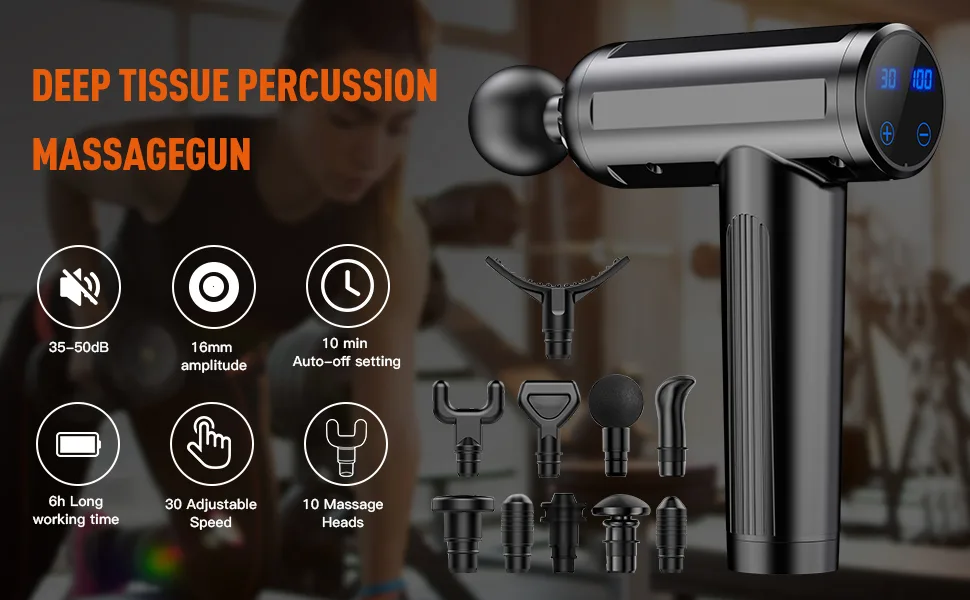 Massage Gun Deep Tissue, 10 Heads Quiet Muscle Percussion Back Neck Hammer Massager for Athletes, 30 Speed Level Massager Gun (Black) - massage gun