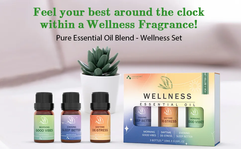 ASAKUKI Wellness Essential Oils Blends Set 3*10ML, Pure Natural Aromatherapy Diffuser Oils - Mood Uplift, Relaxation, Good Rest - for Massage, Candle Soap Making, Room Cleaning, Humidifiers Wellness Set - product information 5