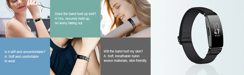 Fintie Elastic Bands Compatible with Fitbit Inspire 2 / Inspire HR/Inspire, Adjustable Stretchy Nylon Loop Band Breathable Replacement Strap Accessory Wristband, Black - Fintie Elastic Bands for Fitbit Inspire 2 / Inspire HR / Inspire