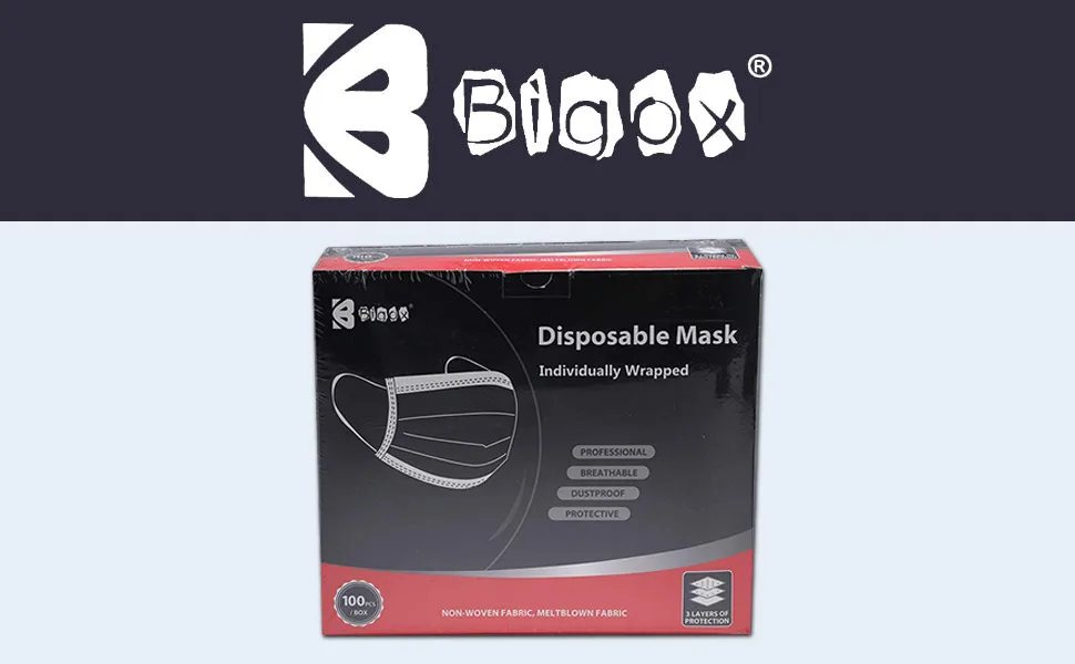 bigox Face Mask Individually Wrapped Disposable 100 Pack Black Black*100pcs - bigox Face Mask Individually Wrapped Disposable 100 Pack Grey