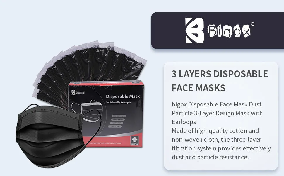 bigox Face Mask Individually Wrapped Disposable 100 Pack Black Black*100pcs - bigox Face Mask Individually Wrapped Disposable 100 Pack Grey