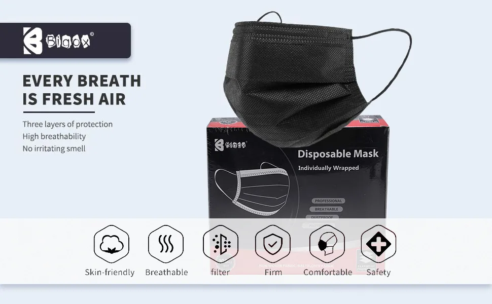 bigox Face Mask Individually Wrapped Disposable 100 Pack Black Black*100pcs - black face mask