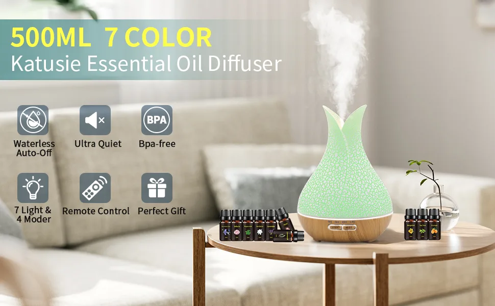 500ML Essential Oil Diffuser with 10 Essential Oils Gift Set, Aromatherapy Diffuser Humidifier with 2 Mist Mode 4 Timers& 7 Ambient Light Waterless Auto Off for Large Room Home Office White - product information 1