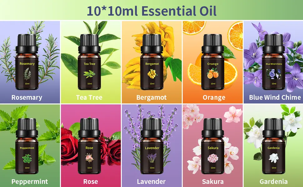500ML Essential Oil Diffuser with 10 Essential Oils Gift Set, Aromatherapy Diffuser Humidifier with 2 Mist Mode 4 Timers& 7 Ambient Light Waterless Auto Off for Large Room Home Office White - product information 2