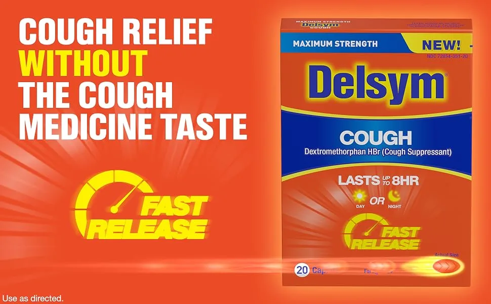 Maximum Strength Delsym Cough Suppressant, Fast Release Caplets, Lasts up to 8 Hour Day or Night, 20 Count 20 Count (Pack of 1) - Delsym Cough Caplets, cough relief without the cough medicine taste, fast release day or night