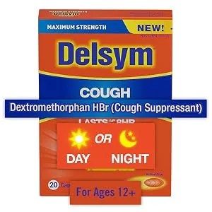 Maximum Strength Delsym Cough Suppressant, Fast Release Caplets, Lasts up to 8 Hour Day or Night, 20 Count 20 Count (Pack of 1) - pack shot