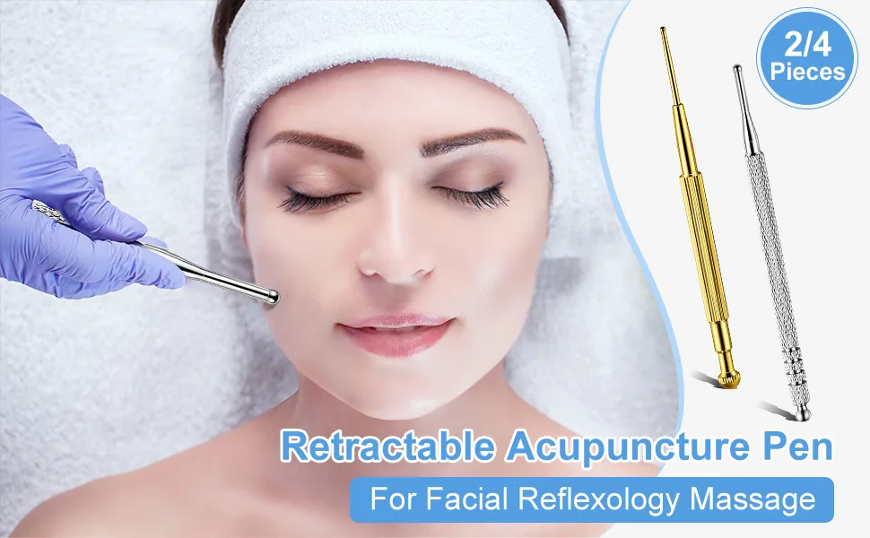 2 Pieces Facial Reflexology Massage Tool Retractable Acupuncture Pen, Stainless Steel Double Headed Spring Loaded Ear and Body Point Probe Pen (2 Pieces) - product information 2