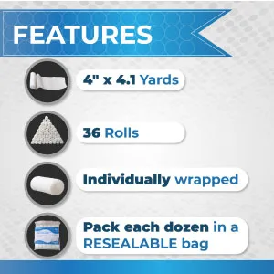 Conforming Stretch Gauze Bandage Roll - 4" x 4.1 Yards Stretched -36 Rolls- Each ROLL Individually Package-Light Compression -Latex Free-Multi Flexible ,Breathable & Stretchable - FEATURES