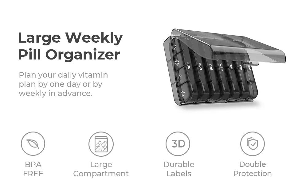AUVON Weekly Pill Organizer 4 Times a Day with 7 Daily Large Pill Box Cases to Hold Fish Oils, Vitamins, Supplements, Medication Black - pill box
