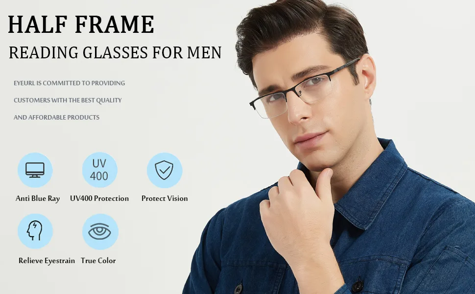 EYEURL 3 Pack Reading Glasses for Men and Women, Rectangular Metal Half Frame Blue Light Blocking Readers Anti Eyestrain 1.25 3 Pack 1.25 x - reading glasses for men