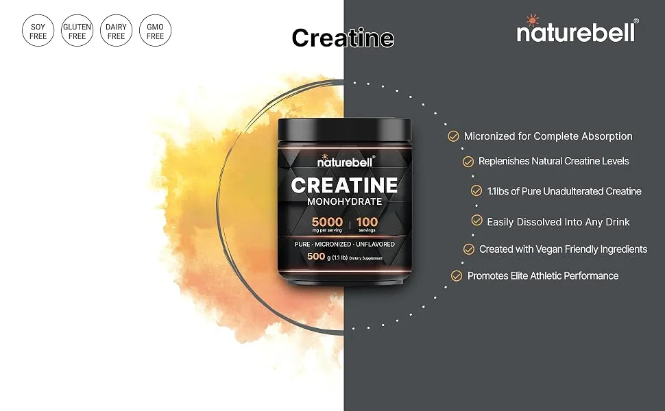 Naturebell Creatine Monohydrate Powder 500 Grams, 5000mg Per Serving, Pure Unflavored Creatine Powder - Micronized - Pre Workout | Keto | Vegan | Dissolves Easy | Filler Free - 100 Servings (1.1Lb) - creatine