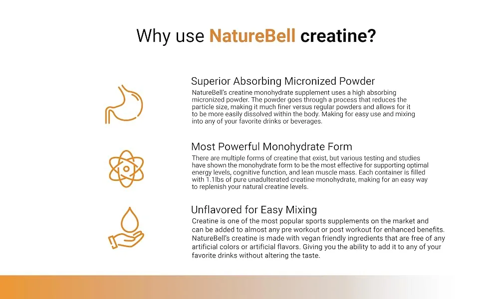 Naturebell Creatine Monohydrate Powder 500 Grams, 5000mg Per Serving, Pure Unflavored Creatine Powder - Micronized - Pre Workout | Keto | Vegan | Dissolves Easy | Filler Free - 100 Servings (1.1Lb) - creatine