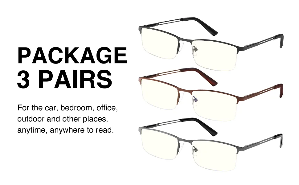 OENEYE 3 Pack Blue Light Blocking Reading Glasses for Men Stylish Metal Frame Readers with Comfort Spring Hinges Multicolor 1.75 x - product information 8