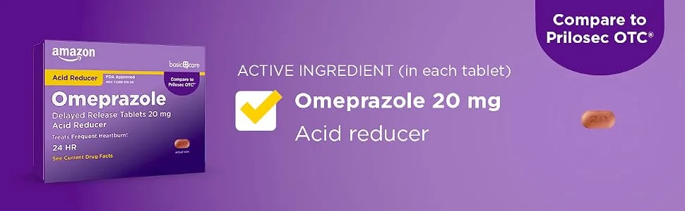 Amazon Basic Care Omeprazole Delayed Release Tablets 20 mg, Acid Reducer, Treats Frequent Heartburn, 42 Count - Compare to Prilosec OTC