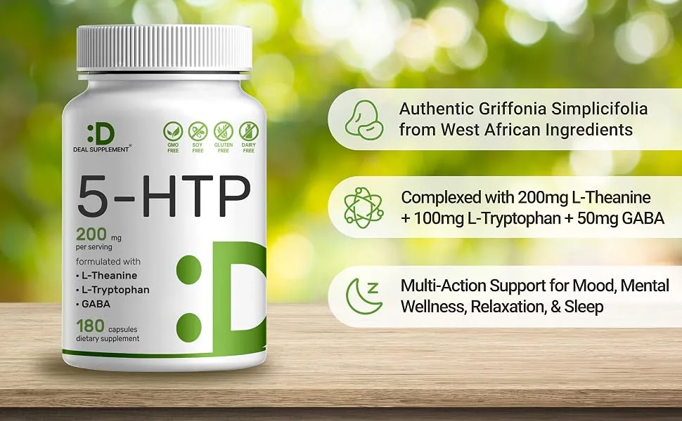 5-HTP 200mg Per Serving 240 Capsules 98% African Derived Griffonia Seed Extract | 4 in 1 Formula | Plus Active L Theanine L Tryptophan & GABA | Relaxation Support Supplement 5-HTP Capsules - 5-HTP