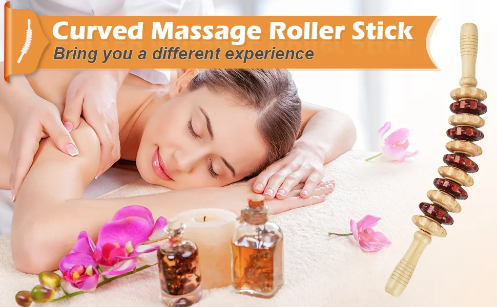 Jitnetiy Wood Therapy Massage Tools, Massage Roller Stick Curved Lymphatic Drainage Massager Handheld for Release Cellulite Relieve Muscle Stress (1 Pack, Multicolor) - Curved Massage Roller Stick