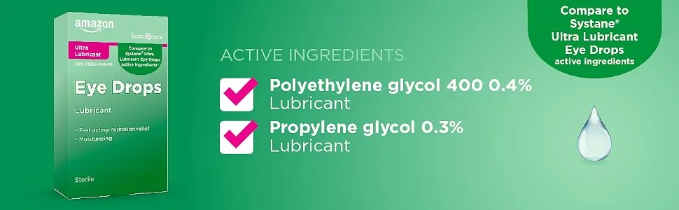 Amazon Basic Care` Ultra Lubricant Eye Drops, Relieves Burning, Irritation and Discomfort, Clear, 0.5 Fl Oz - Amazon Basic Care Eye Drops active ingredient banner