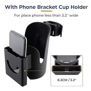 ISSYAUTO Wheelchair Drink Cup Holder, 2 in 1 Large Water Bottle Holder and Phone Bracket with Strap Mount 3MM Thick Cups Holder Universal for Wheelchair, Walker, Rollator, Stroller - product information 5
