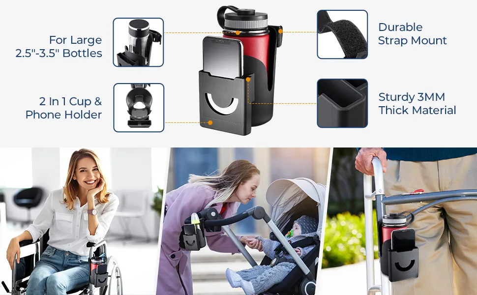 ISSYAUTO Wheelchair Drink Cup Holder, 2 in 1 Large Water Bottle Holder and Phone Bracket with Strap Mount 3MM Thick Cups Holder Universal for Wheelchair, Walker, Rollator, Stroller - product information 8