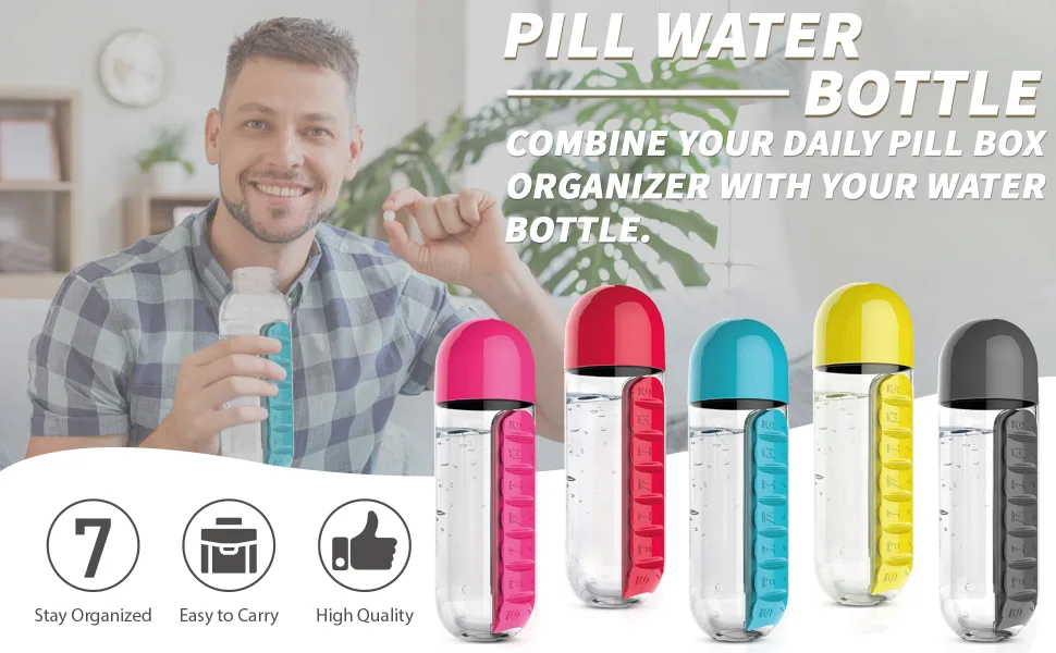 Water Bottle with Pill Holder, Portable Inserted Pill Case Bottle with Weekly Day Marker Reminder for Travel, Office, Outdoor, 20oz (Black) - Pill Case Bottle with Weekly Day